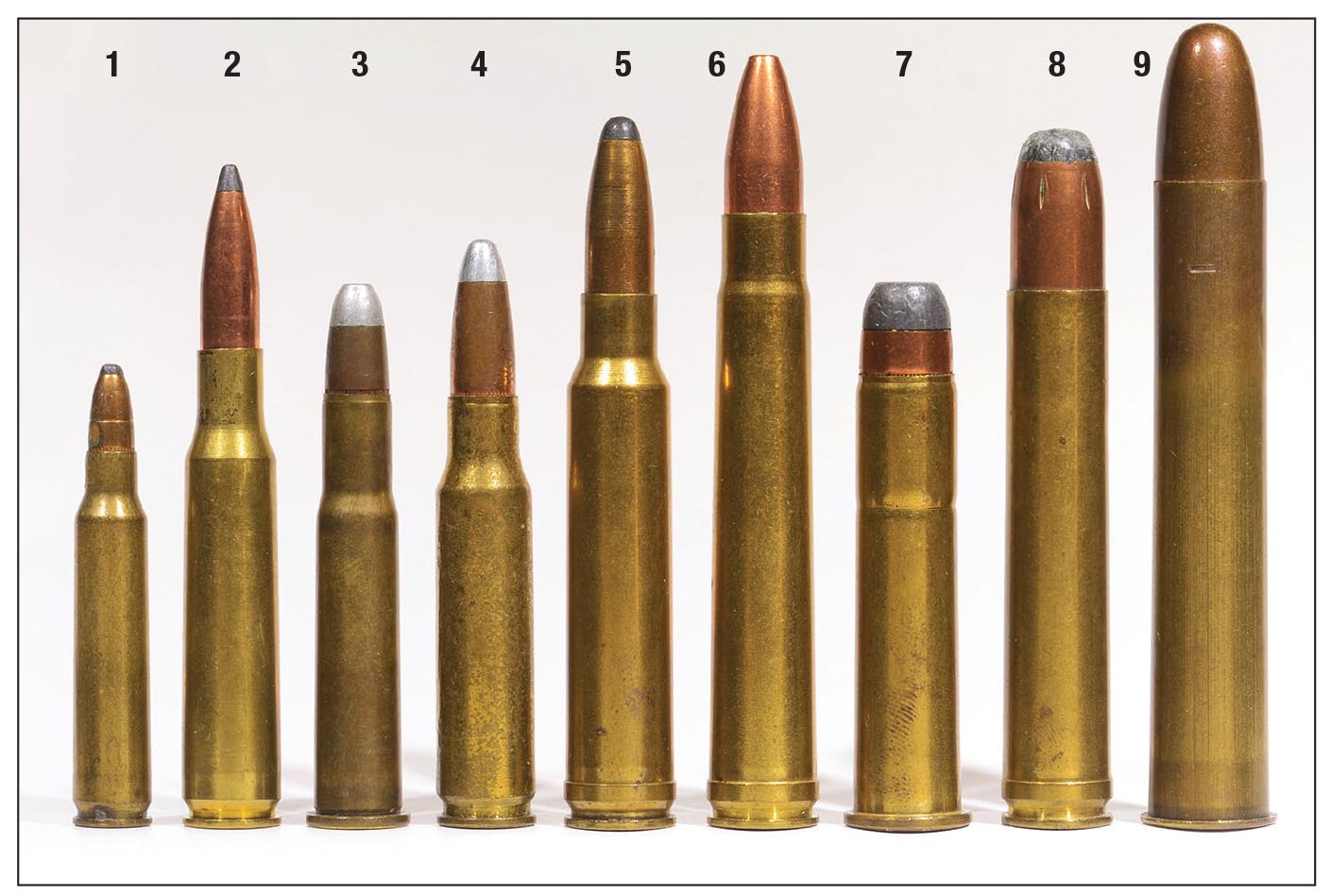 Just a few of the cartridges for which IMR-3031 can be used to good effect: (1) .223 Remington, (2) 7x57, (3) .30-30, (4) .308 Winchester, (5) .338 Winchester Magnum, (6) .375 H&H Magnum, (7) .45-70, (8) .458 Winchester Magnum and (9) .500 Nitro Express (3 inch).